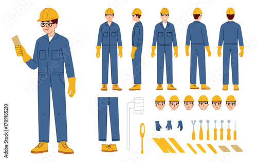 Technician worker wearing helmet, overall uniform, protective goggles. Character constructor for animation. Front, side and back view set. Body parts, postures, poses collection. Vector illustration.