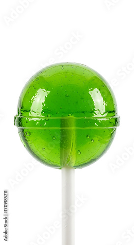 A vibrant green lollipop on a stick. 