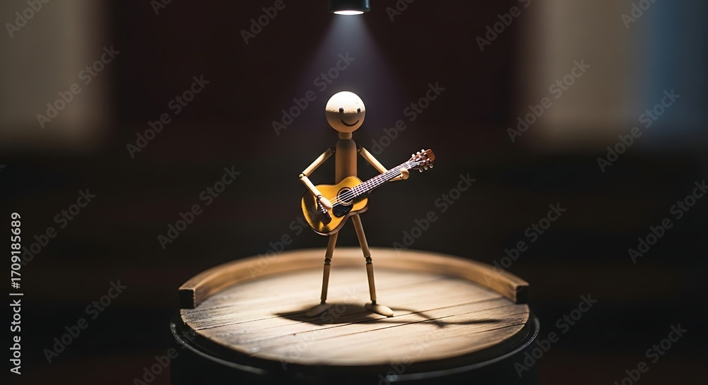 Obraz premium A spotlight shines on a wooden figure playing guitar. 