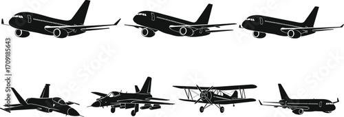 Airplane silhouettes, commercial aircraft, fighter jets, biplane, aviation icons, military planes, vintage aircraft, editable vector set, flight graphic pack