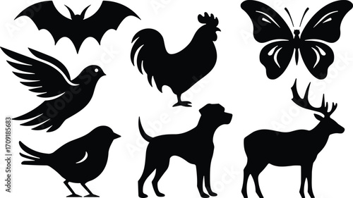 Animal silhouettes, flying and standing poses, wildlife icons, dog, deer, bird, bat, butterfly, rooster, black vector illustration set