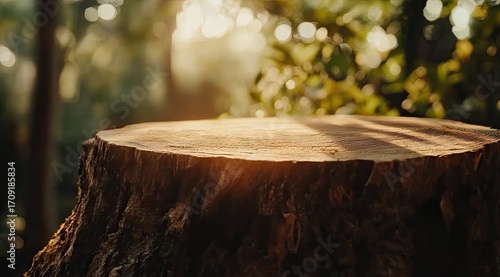 Fototapeta Naklejka Na Ścianę i Meble -  Sunlit tree stump, forest background