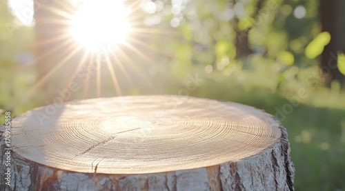 Sunbeams shining on a wooden tree stump in a grassy park