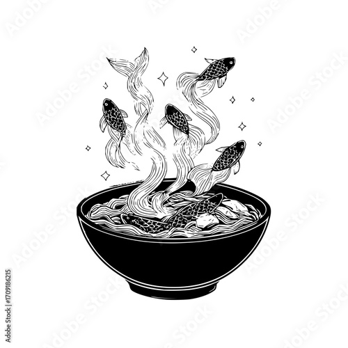 A bowl of noodles with fish swimming out of it and steam rising with stars around them in black and white