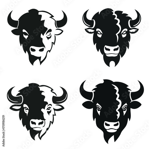 Vector Silhouette Illustration of Bison Heads - Creative Design