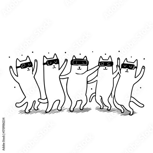 A whimsical illustration of five cats wearing vr headsets and dancing in a playful manner together