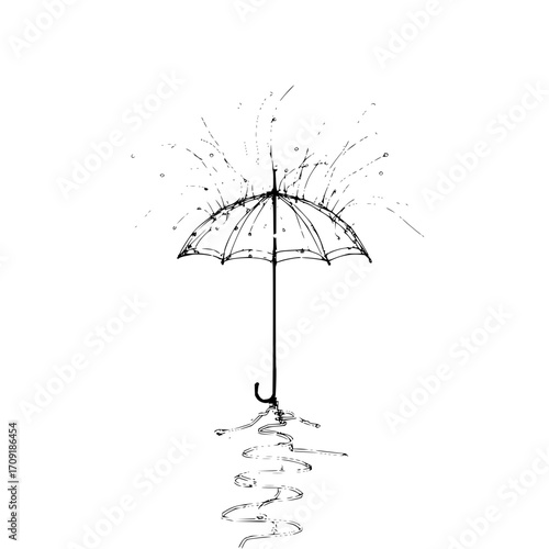 Stylized illustration of an umbrella with rain and reflection in black and white monochrome drawing art
