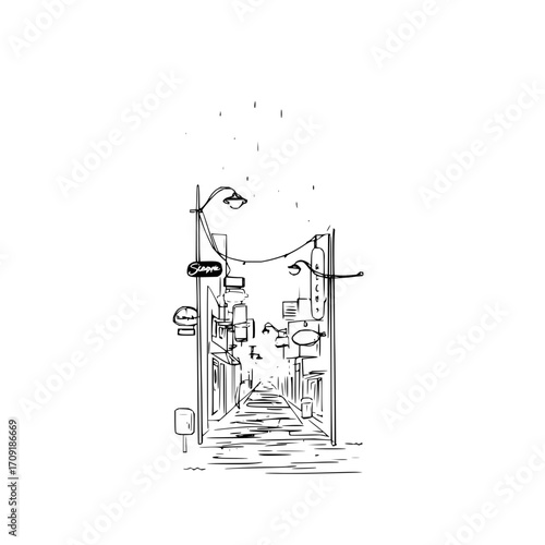 A hand drawn illustration of a narrow street with shops and streetlights in black and white style art