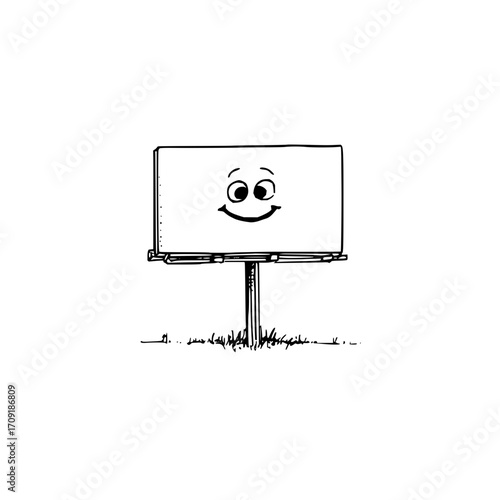 Cartoon billboard with a smiling face standing in grass in a black and white drawing style image