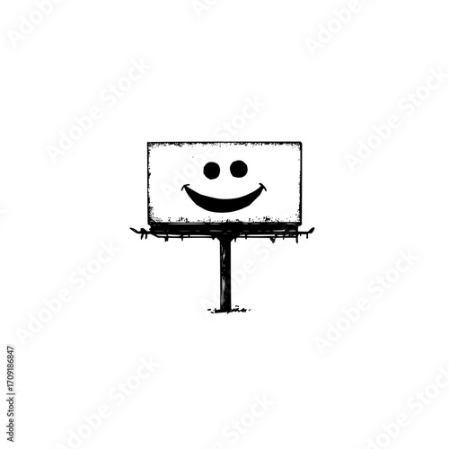 A cartoon billboard with a smiley face on it is displayed in black and white with a grunge texture style
