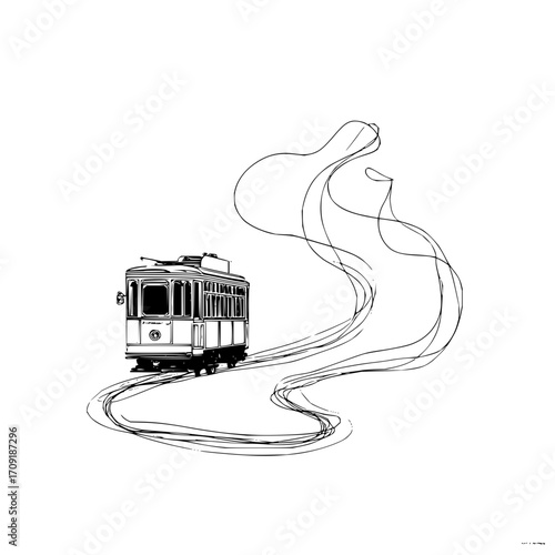 Illustration of a vintage tram with decorative lines suggesting movement on a white background art piece
