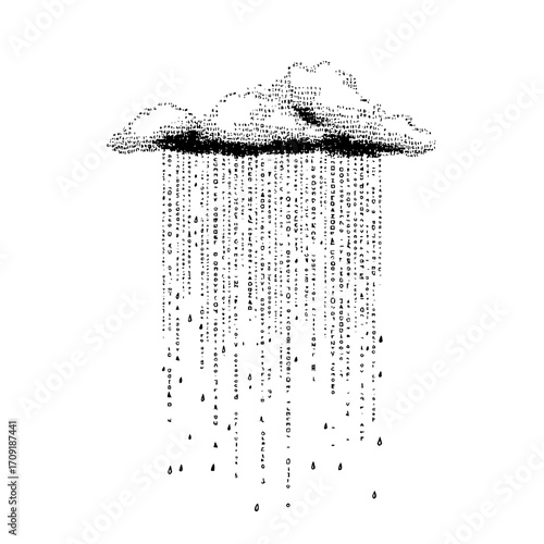 Cloud made of alphanumeric characters raining down more alphanumeric characters on a white background
