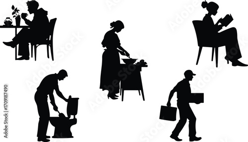 Daily activity silhouettes, home chores, reading, cooking, working, fixing, walking, lifestyle icons, editable vector set, occupation graphic pack