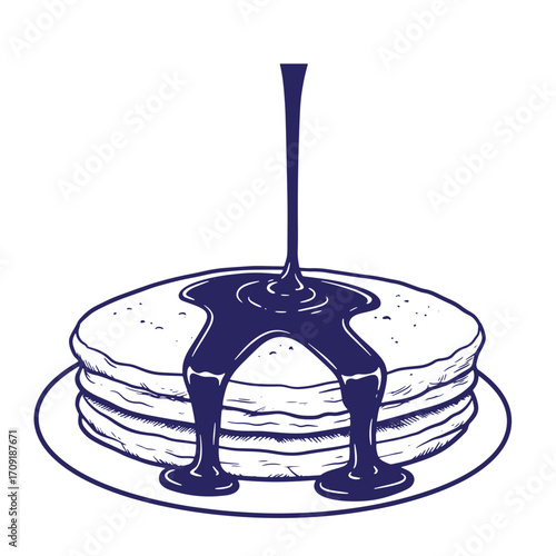 Stack of pancakes with syrup being poured in a dark blue line art style