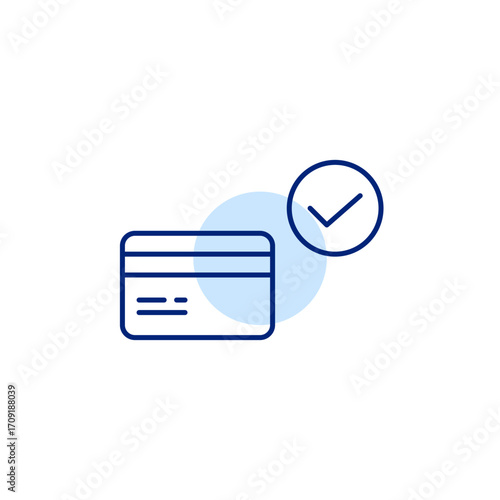 Credit card and checkmark. Purchase approved, safe payment and transactions. Pixel perfect, editable stroke vector icon