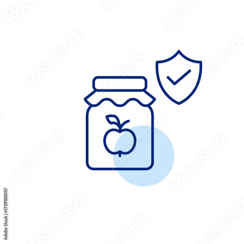 Apple jam jar, shield and checkmark. Food safety, certified quality, organic vendors. Pixel perfect, editable stroke vector icon