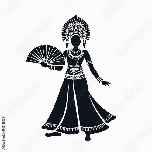Elegant silhouette of traditional legong dancer performing traditional Bali dance