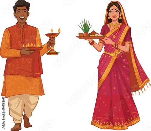 Man and woman in traditional Indian attire, performing religious ceremony, holding lamp and decorated tray, flat vector illustration, CAD drawing style, cultural festive ritual scene