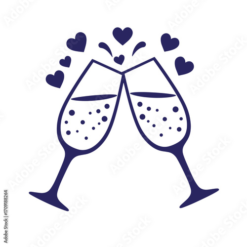 Two champagne flutes toasting with hearts celebrating love and romance isolated on white background