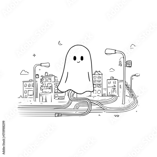 A cartoon ghost floats above a city street with buildings and streetlights in a black and white drawing