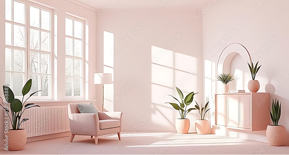 Fototapeta premium Soft pink minimalist living room with large windows, cozy armchair, and indoor plants. Sunlight gently streams in, creating a serene, airy atmosphere perfect for relaxing and modern home styling.