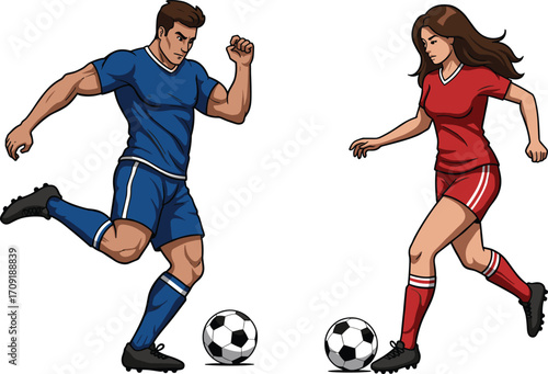 Male and female soccer players in action, competitive football match, sports teamwork, athletic competition, flat vector illustration, CAD drawing style, dynamic sports scene