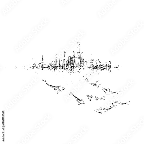 A sketch of a city skyline reflected in water with several koi fish swimming in the foreground view area