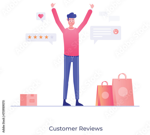 Vector elements of the office environment A man with his arms raised in celebration, with shopping bags and a star icon with a heart in the background