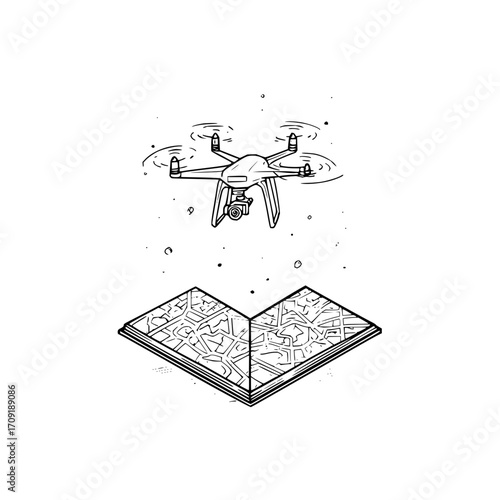 Drone hovering over an open book with a detailed map illustration in black and white sketch style