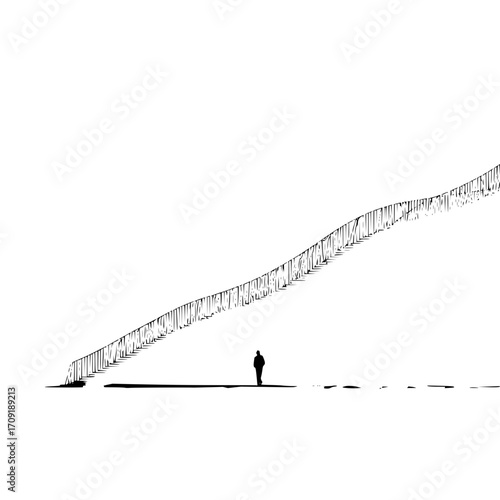 A lone figure stands before a seemingly endless staircase stretching into the distance on a white background