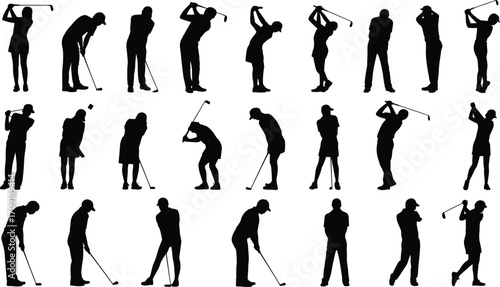 Golf player silhouettes, swing poses, putting stance, athletic motion, sports icons, editable vector set, golfing action graphic pack