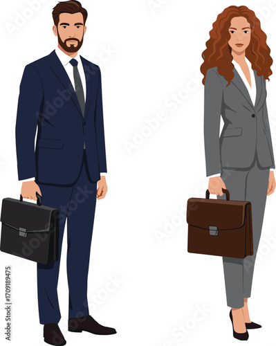 Man in navy blue suit with briefcase and woman in gray business suit, professional attire, flat vector illustration, CAD drawing style, corporate workplace scene