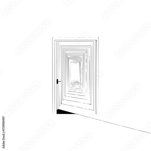 An open door with a tunnel effect created by multiple receding frames in a black and white illustration