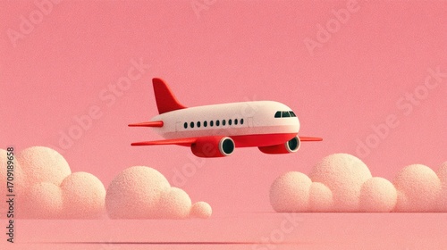 Toy airplane flies above soft clouds