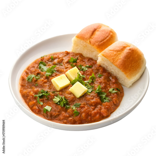 Pav Bhaji with two buttered bread rolls and fresh cilantro garnish indian food curry
