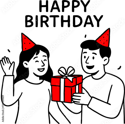 hand drawn style  Flat vector design ilustration couple with gift box celebrating birthday