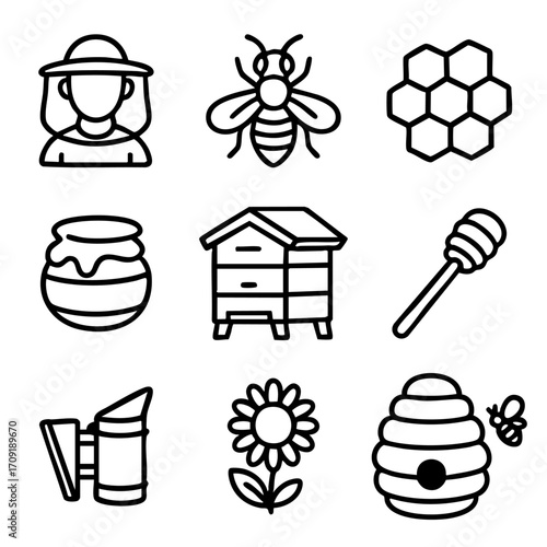 A set of doodle line icons depicting beekeeping tools, honey production, pollination, flowers, hives, and bees in agriculture