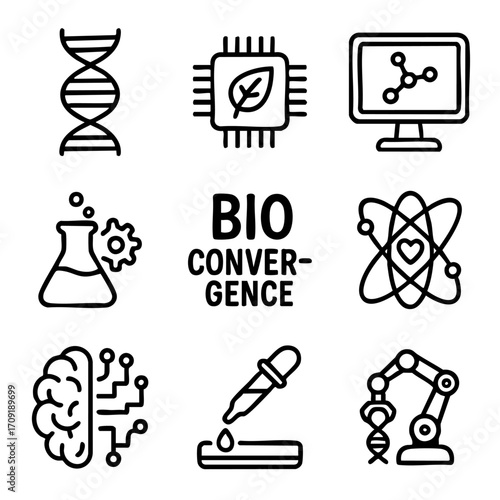 A set of doodle line icons illustrating biotechnology, AI integration, lab research, genetic science, and digital biology convergence
