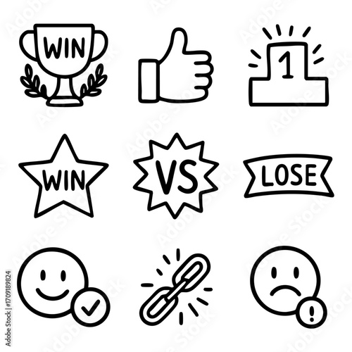 A set of doodle line icons illustrating success, failure, competition, emotional reactions, victory, defeat, and challenge results
