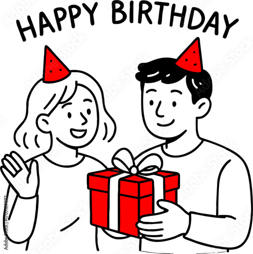 hand drawn style  Flat vector design ilustration couple with gift box celebrating birthday