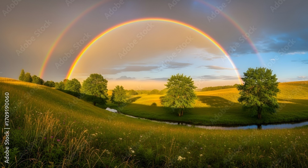Naklejka premium A stunning double rainbow arcs over a lush green field with trees and a small stream.