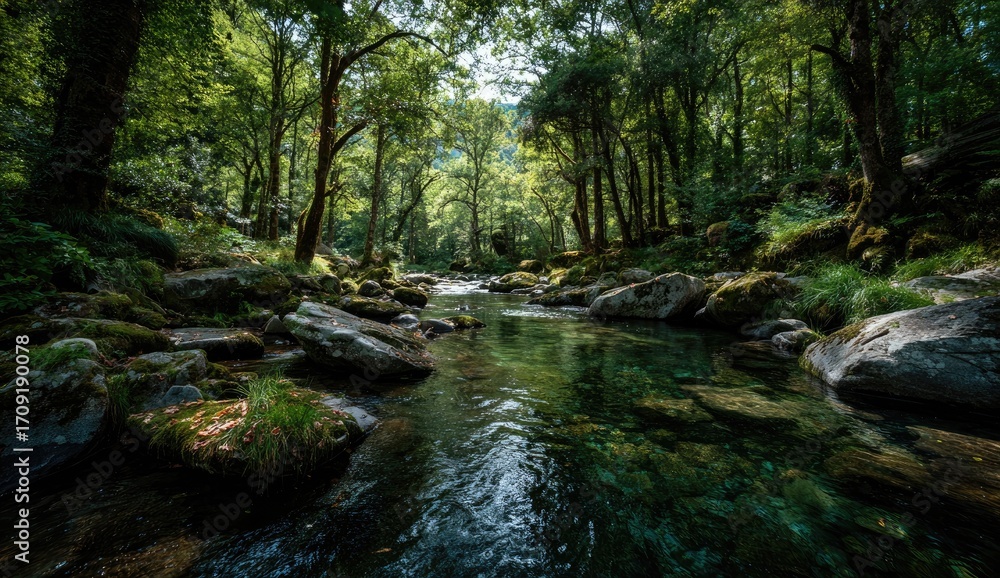 Obraz premium Tranquil forest stream. Lush greenery, clear water, and smooth rocks line a shallow stream flowing through a dense woodland