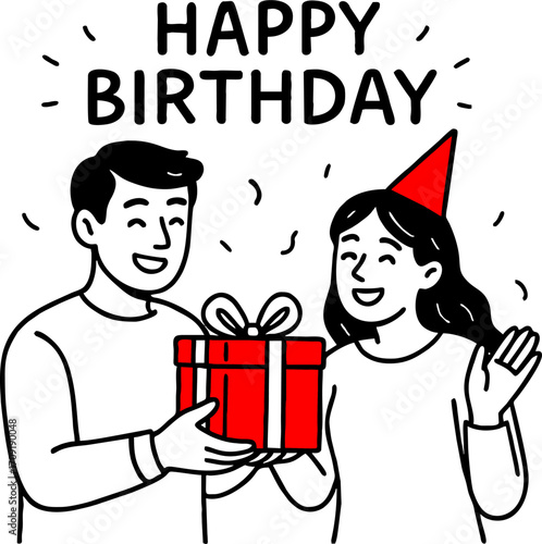 hand drawn style  Flat vector design ilustration couple with gift box celebrating birthday