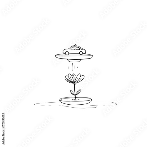 A whimsical drawing of a car on a ufo hovering over a flower in a pot on a white background scene