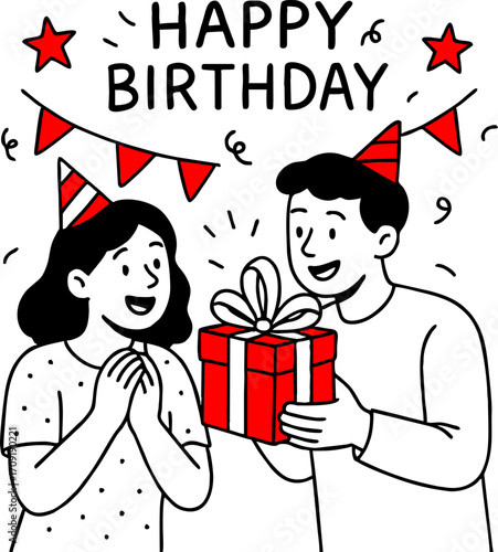 hand drawn style  Flat vector design ilustration couple with gift box celebrating birthday