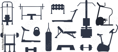 Gym equipment silhouettes, fitness icons, workout machines, cardio tools, strength training gear, exercise setup, health club assets, editable vector pack
