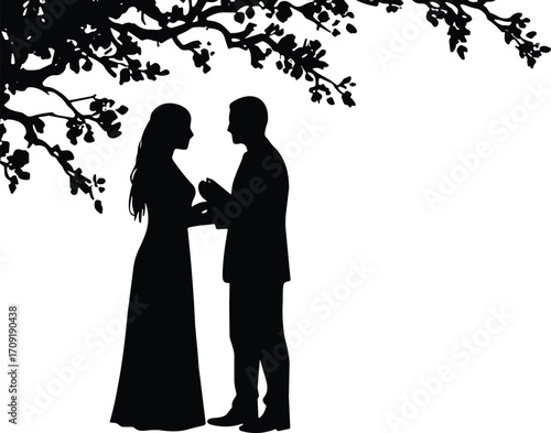 Romantic wedding couple silhouette in elegant pose, bride in flowing gown, groom in suit, love, marriage, romance, celebration, timeless moment