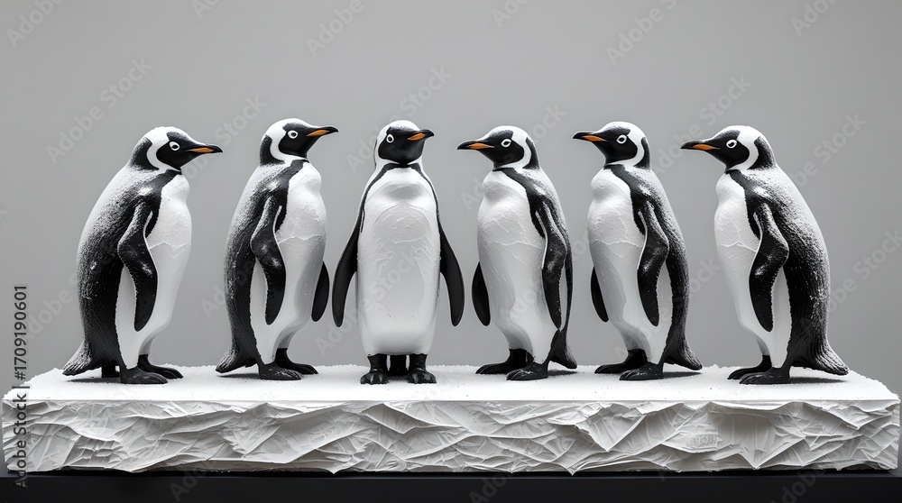 Obraz premium Minimalistic row of penguin sculptures on a grey background.