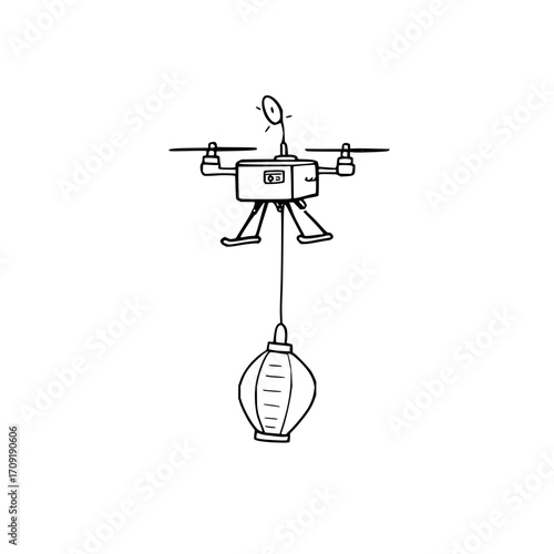 A whimsical line drawing of a drone carrying a lantern suspended below it on a white background art