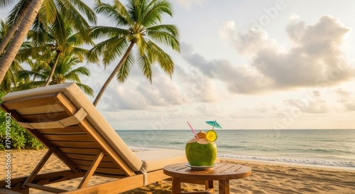 A tranquil beach scene featuring a wooden lounge chair, a refreshing coconut cocktail, and a serene ocean vista at sunset.